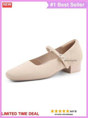 Mary Jane Pumps Chunky Block Heel Ankle Strap Knit Square Toe Office Low Heels